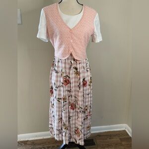 Allison-Che vintage floral midi dress pink lace vest SZ 6P